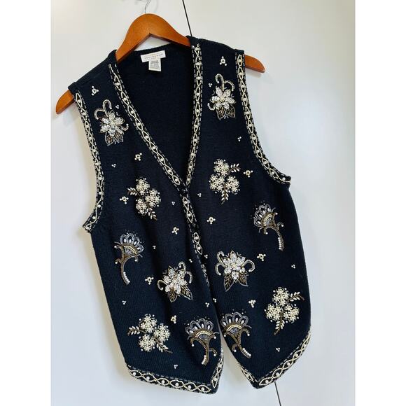 Embellished 90s Sweater Vest Vintage Black Knit with Gold Beads Size Medium - Picture 9 of 9